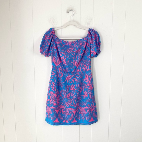 Lilly Pulitzer Jada Off-The-Shoulder Romper  Size 0 Pink Blue Missing Tie Waist - Picture 2 of 15